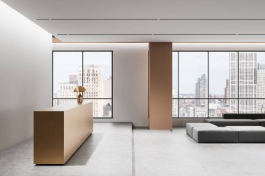 Çağdaş ofis içinde altın resepsiyon masası, geniş pencereler ve şehrin ufuk çizgisi manzarası var. Mekanda minimalist tasarım ve nötr tonlar var. 3B Hazırlama