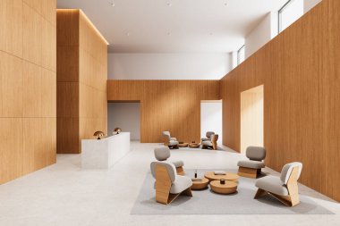 Ahşap duvarları, nötr mobilyaları ve zarif dekorları olan çağdaş lobi lobisi. Modern oturma düzeniyle parlak bir yer. 3B Hazırlama