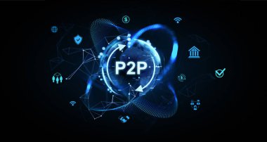 Karanlık arka planda dijital hologram, küresel ağ ve finansal güvenlik simgelerine sahip gelecekteki P2P para transferi kavramı. Çevrimiçi ödeme garantisi. 3B Hazırlama