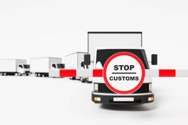 Gümrük kontrol noktasında beyaz kargo kamyonları, kırmızı ve beyaz bariyerlerle yolu kapatmış, içinde dur işareti olan. Sınır denetimi ve lojistik kavramı. 3B Hazırlama