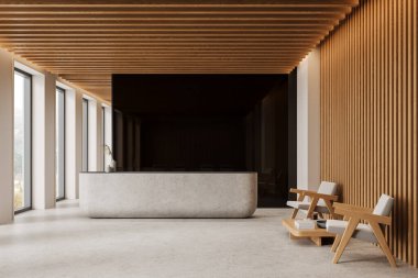 Minimalist taş bir masa, ahşap kaplama duvarlar ve büyük pencerelerden gelen doğal ışıkla şık bir oturma yeri olan çağdaş kabul alanı. 3B Hazırlama