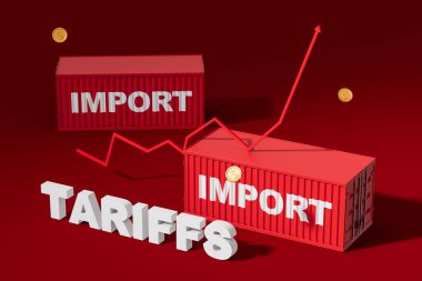 Kırmızı nakliye konteynerleri IMPORT etiketli yukarı doğru eğilim grafiği ve kırmızı zemin üzerinde bozuk paralar. Yükselen gümrük vergileri ve ekonomik etki kavramı. 3B Hazırlama