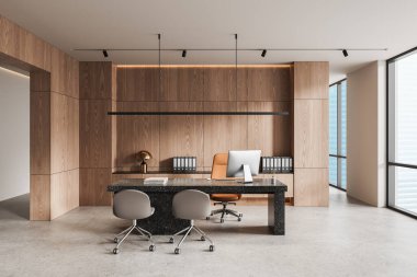 Ahşap duvarları, parlak masası, ergonomik sandalyeleri ve büyük pencereleri olan çağdaş ofis içi. Zarif ışıklandırmalı minimalist tasarım. 3B Hazırlama