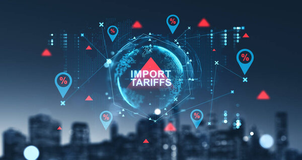Абстрактное изображение импортных тарифов увеличивает концепцию с цифровыми элементами, красными стрелками и процентными значками на размытом фоне городского пейзажа