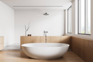 Beyaz bir küveti, tahta panelleri ve büyük pencereleri olan zarif bir banyo. Doğal malzemeler ve hafif ışıklandırmalı minimalist tasarım. 3B Hazırlama