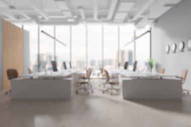 Masaları ve sandalyeleri olan modern ofis, bulanık tarzda, arka planda. Çalışma alanı kavramı. 3B Hazırlama