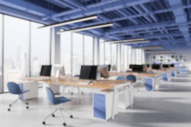 Bilgisayarlı, mavi sandalyeli, bulanık, arka planda bir ofis. Modern iş yeri kavramı. 3B Hazırlama