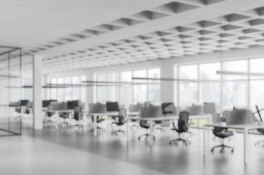 Masaları ve sandalyeleri olan modern ofis, bulanık stil, beyaz arka plan. Çalışma ortamı kavramı. 3B Hazırlama