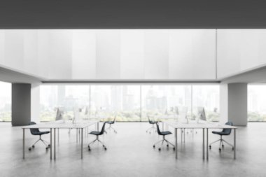 Masalı ve sandalyeli ofis, modern tasarım, şehir manzaralı arka plan. Çalışma alanı kavramı. 3B Hazırlama