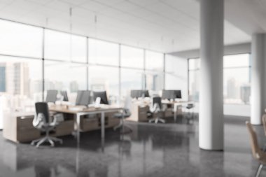 Masaları ve bilgisayarları olan ofis alanı, şehir planında modern tasarım. Kurumsal çevre kavramı. 3B Hazırlama