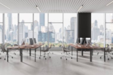Masaları ve bilgisayarları olan bir ofis, modern tarz, şehir silueti arka planı. İş yeri kavramı. 3B Hazırlama
