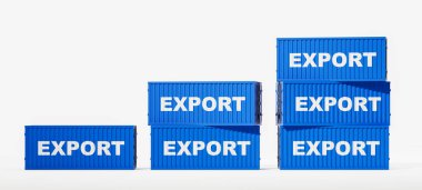 Mavi ihracat konteynırları beyaz arka planda yükselme sırasına göre dizilmiş. Uluslararası ticaret, lojistik ve küresel ticaret kavramı. 3B Hazırlama