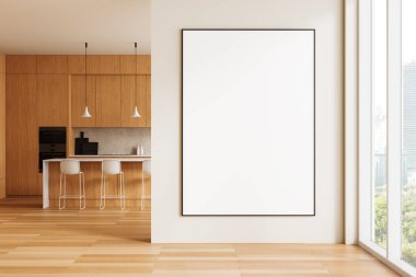 Modern mutfakta boş çerçeveli poster, minimalist tarz, ahşap arka plan, tasarım modeli konsepti. 3B Hazırlama