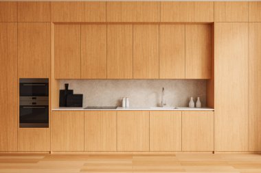 Ahşap dolaplı modern mutfak, tarafsız bir arka planda dahili aletler. Minimalizm kavramı. 3B Hazırlama