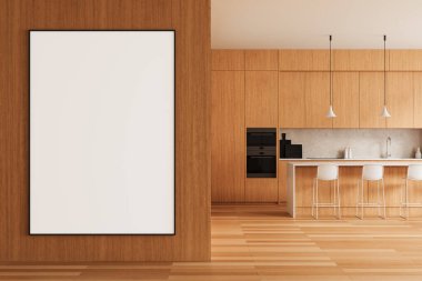 Ahşap duvarda boş bir poster, modern mutfak içi, minimalist stil, ahşap arka plan, markalaşma konsepti. 3B Hazırlama