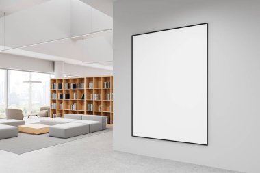 Modern bir iç duvarda büyük boş bir poster, arka planda kitap rafları, oturma yerleri ve şehir manzarası olan şık bir okuma alanı var. Model konsepti. 3B Hazırlama.