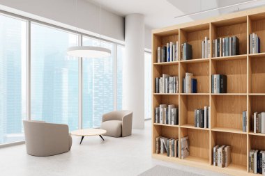 Geniş modern ofis salonu, ahşap kitaplık, koltuklar ve büyük pencerelerin yakınındaki sehpa şehrin ufuk çizgisini gösteriyor. Çağdaş iç tasarım. 3B Hazırlama