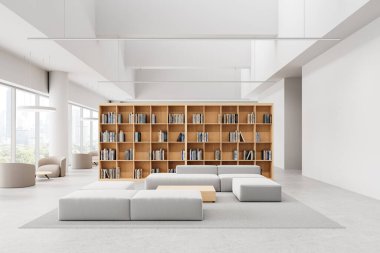 Geniş, modern kütüphane içi geniş ahşap kitaplık, rahat koltuklar ve tavandan tavana pencereler. Minimalist mimari tasarım. 3B Hazırlama