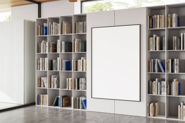 Boş poster modelli kitaplıklar, modern tarzda, gri arka planda. İç tasarım kavramı. 3B Hazırlama