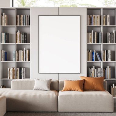 Modern oturma odasında boş bir poster, kitap rafları, gerçekçi stili, tarafsız bir arka plan. Ev dekoru kavramı. 3B Hazırlama