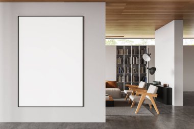 Modern oturma odasının duvarında boş bir poster var. Minimalist tarzda, tarafsız bir arkaplanda. Tasarım sunumu kavramı. 3B Hazırlama