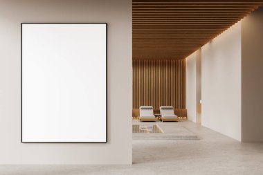 Modern iç mekanda, ahşap tavanlı ve şezlonglu bej duvarda büyük boş bir poster bilgisayarı var. Kopyalama alanı olan minimalist tasarım konsepti. 3B Hazırlama.