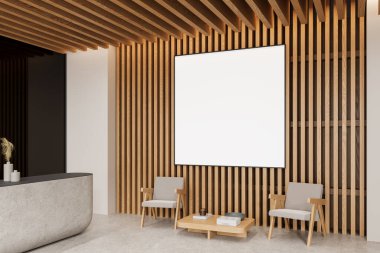 Çağdaş iç kısımda içi sandalye ve masa dolu ahşap duvarda boş bir poster. Minimalist tasarım, temiz düzen ve sunum için telif alanı. 3B Hazırlama.