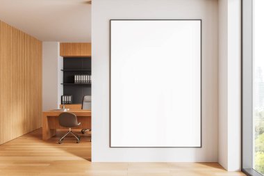 Boş posterli bir ofis, modern tarzda, ahşap arka planda. Markalaşma kavramı. 3B Hazırlama