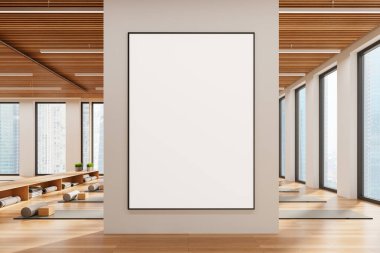 Modern ofis içi boş poster, gerçekçi tarzda, ahşap arka planda. Reklam kavramı. 3B Hazırlama