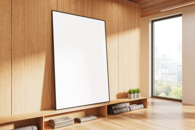 Ahşap duvarda boş bir poster, modern tarz, hafif ahşap zemin, tasarım konsepti. 3B Hazırlama