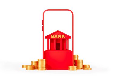 3D rendering of a red mobile banking concept with a traditional bank building inside a smartphone frame, surrounded by stacks of golden coins on a white background clipart