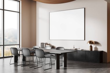 Zarif ofis içi. Kabinenin üstündeki duvarda boş bir poster var. Büyük pencereler doğal ışık sağlıyor ve minimalist tasarımı geliştiriyor. 3B Hazırlama