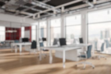 Masaları ve sandalyeleri olan, ahşap bir arka planda bulanık stili olan modern ofis. Çalışma alanı kavramı. 3B Hazırlama