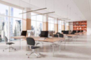 Masaları ve bilgisayarları olan modern ofis, bulanık grafik tarzı, beyaz arkaplan. Çalışma alanı kavramı. 3B Hazırlama