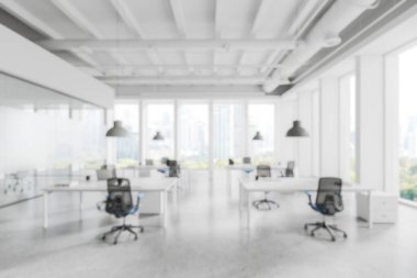 Masaları ve sandalyeleri olan bir ofis, modern tasarım tarzı, beyaz arka planda. Çalışma alanı kavramı. 3B Hazırlama