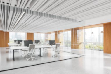 Masaları ve sandalyeleri olan bir ofis, beyaz arka planda modern tasarım. Çalışma alanı kavramı. 3B Hazırlama