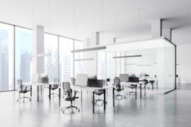 Masaları ve sandalyeleri olan modern ofis, şehir planında bulanık stil. Kurumsal çalışma alanı kavramı. 3B Hazırlama