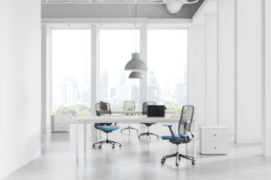 Ergonomik sandalyeli ofis, modern tasarım, beyaz arka plan. Profesyonel çalışma ortamı kavramı. 3B Hazırlama