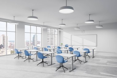 Mavi sandalyeli ve beyaz masalı modern sınıf, dijital sanat tarzı, açık arkaplan. Eğitim kavramı. 3B Hazırlama