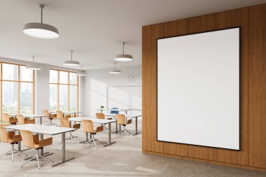 Ofis içi boş poster, modern tarz, ahşap arka planda. Sunum kavramı. 3B Hazırlama