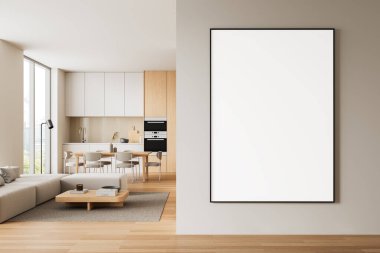 Modern oturma odasının duvarında boş bir poster var. Minimalist tarzda, hafif arka planda. İç tasarım kavramı. 3B Hazırlama