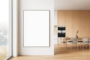Modern mutfakta duvarda boş bir poster, gerçekçi tarzda, ahşap arka plan. Tasarım modeli kavramı. 3B Hazırlama