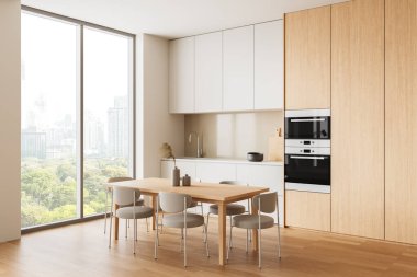 Yemek masası ve sandalyeli modern mutfak, minimalist stil, hafif ahşap arka plan, kentsel yaşam kavramı. 3B Hazırlama