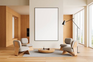 Boş posteri, minimalist tarzı, ahşap arka planı, tasarım modeli konsepti olan modern bir iç mekan. 3B Hazırlama