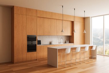 Ahşap dolaplı modern mutfak, minimalist tarzda, ahşap zemin üzerinde, çağdaş yaşam kavramı. 3B Hazırlama