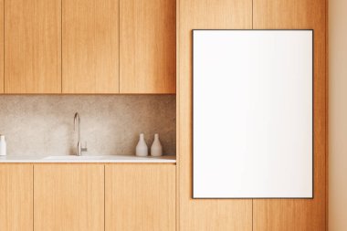 Ahşap duvarda boş posteri olan modern mutfak, tarafsız arka planda minimalist stil. İç tasarım kavramı. 3B Hazırlama
