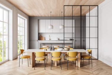 Ahşap elementler, sarı sandalyeler ve geniş pencereli parlak, açık konsept ışıklandırma içeren zarif yemek ve mutfak alanı. 3B Hazırlama