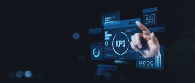 El teması KPI kontrol paneli arayüzü, dijital stil, karanlık arkaplan, iş analizi kavramı