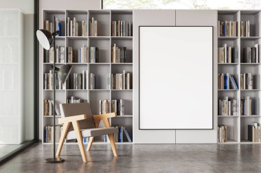 Kitaplık, modern sandalye ve zemin lambası, boş poster modeli, minimalist tarzda, beton arka planda. İç tasarım kavramı. 3B Hazırlama