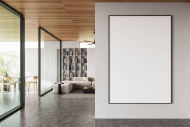 Modern oturma odasında boş bir poster, gerçekçi tarzda, gri duvarda, tasarım modeli konsepti. 3B Hazırlama